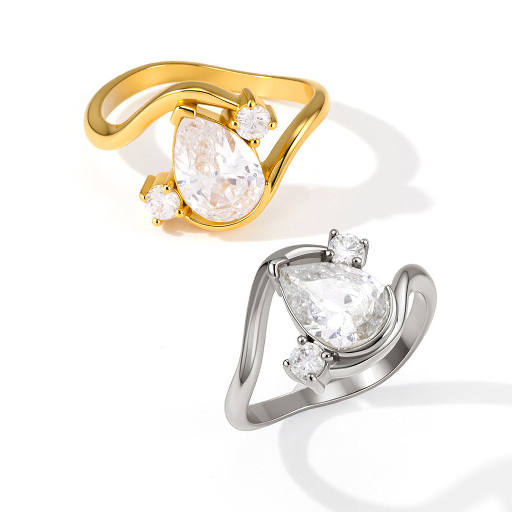 Stainless Steel Water Drop Cubic Zirconia Wave Ring
