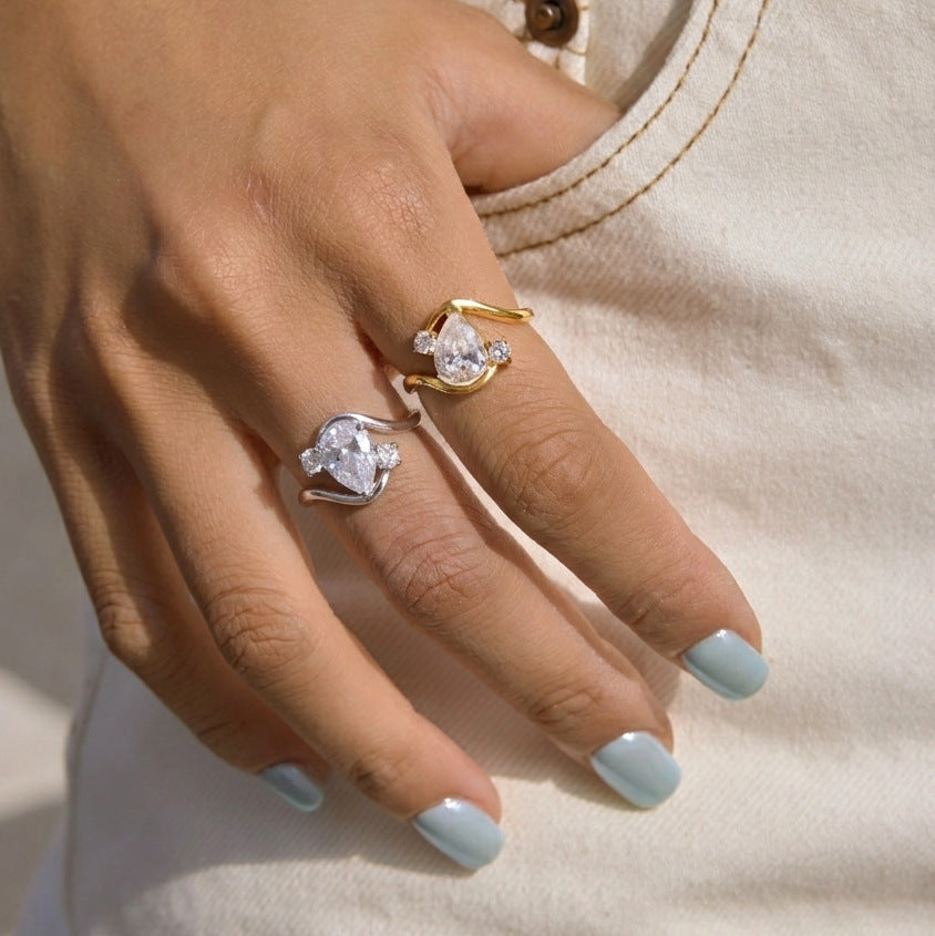 Stainless Steel Water Drop Cubic Zirconia Wave Ring