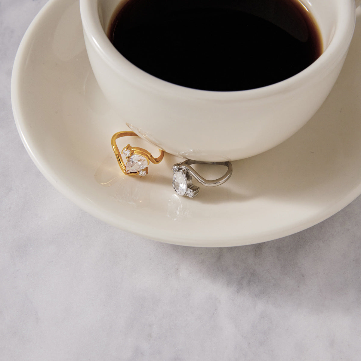 Stainless Steel Water Drop Cubic Zirconia Wave Ring