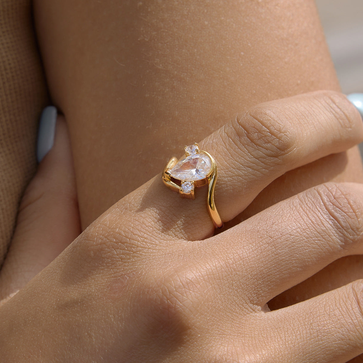 Stainless Steel Water Drop Cubic Zirconia Wave Ring