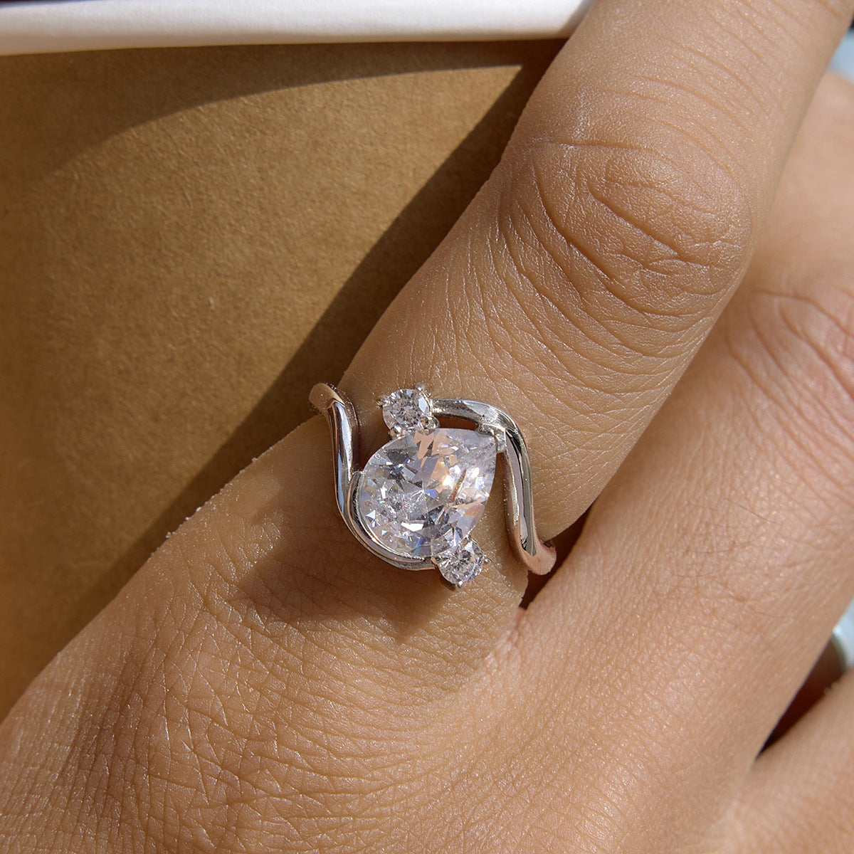 Stainless Steel Water Drop Cubic Zirconia Wave Ring