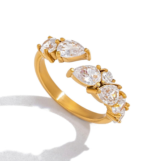 Stainless Steel Geometric Cubic Zirconia Open Ring
