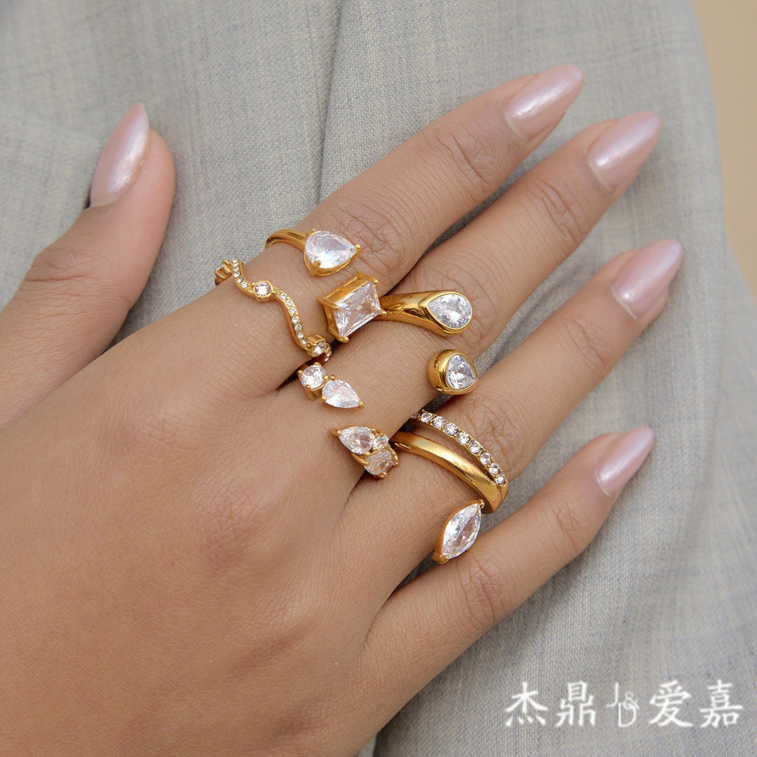 Stainless Steel Geometric Cubic Zirconia Open Ring
