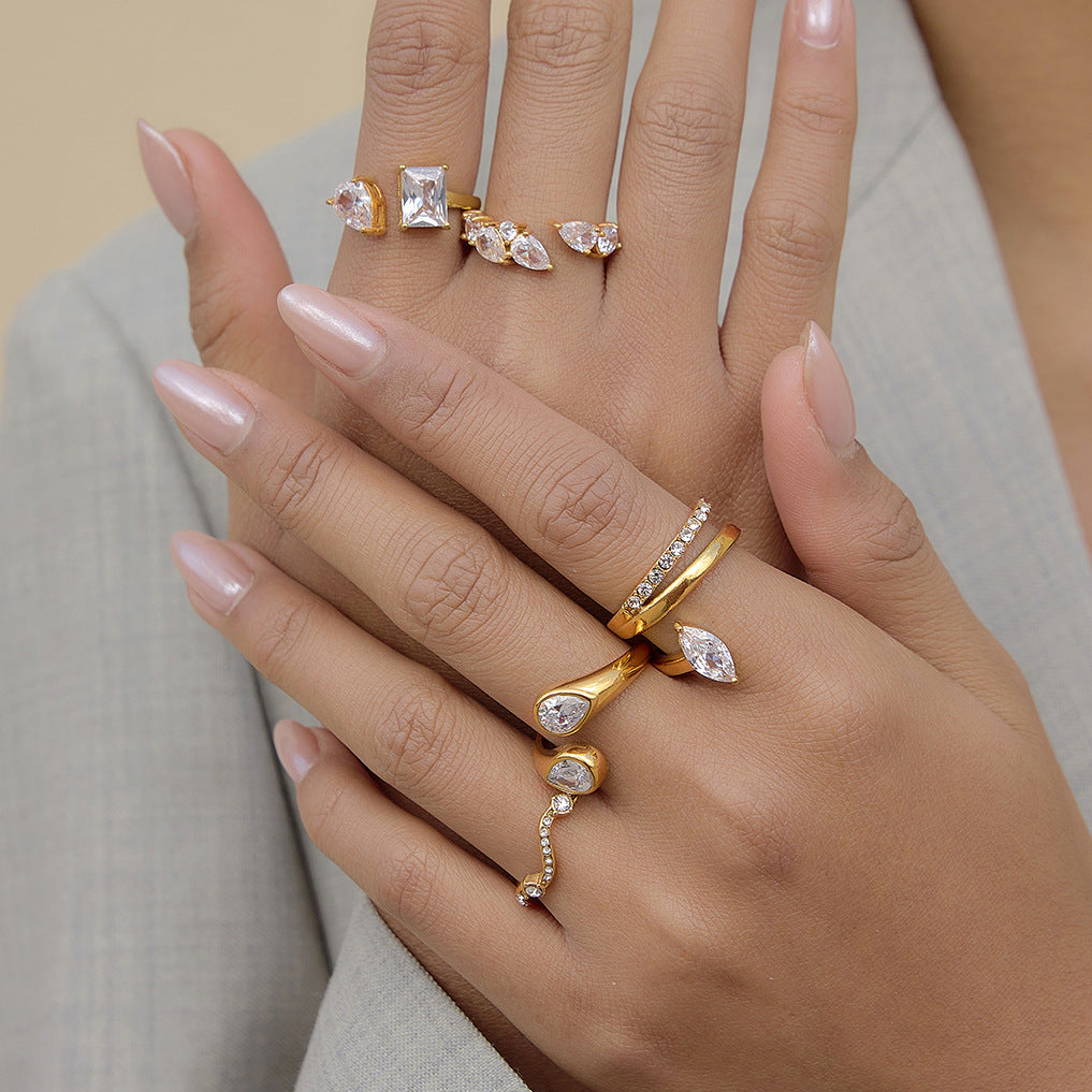 Stainless Steel Geometric Cubic Zirconia Open Ring