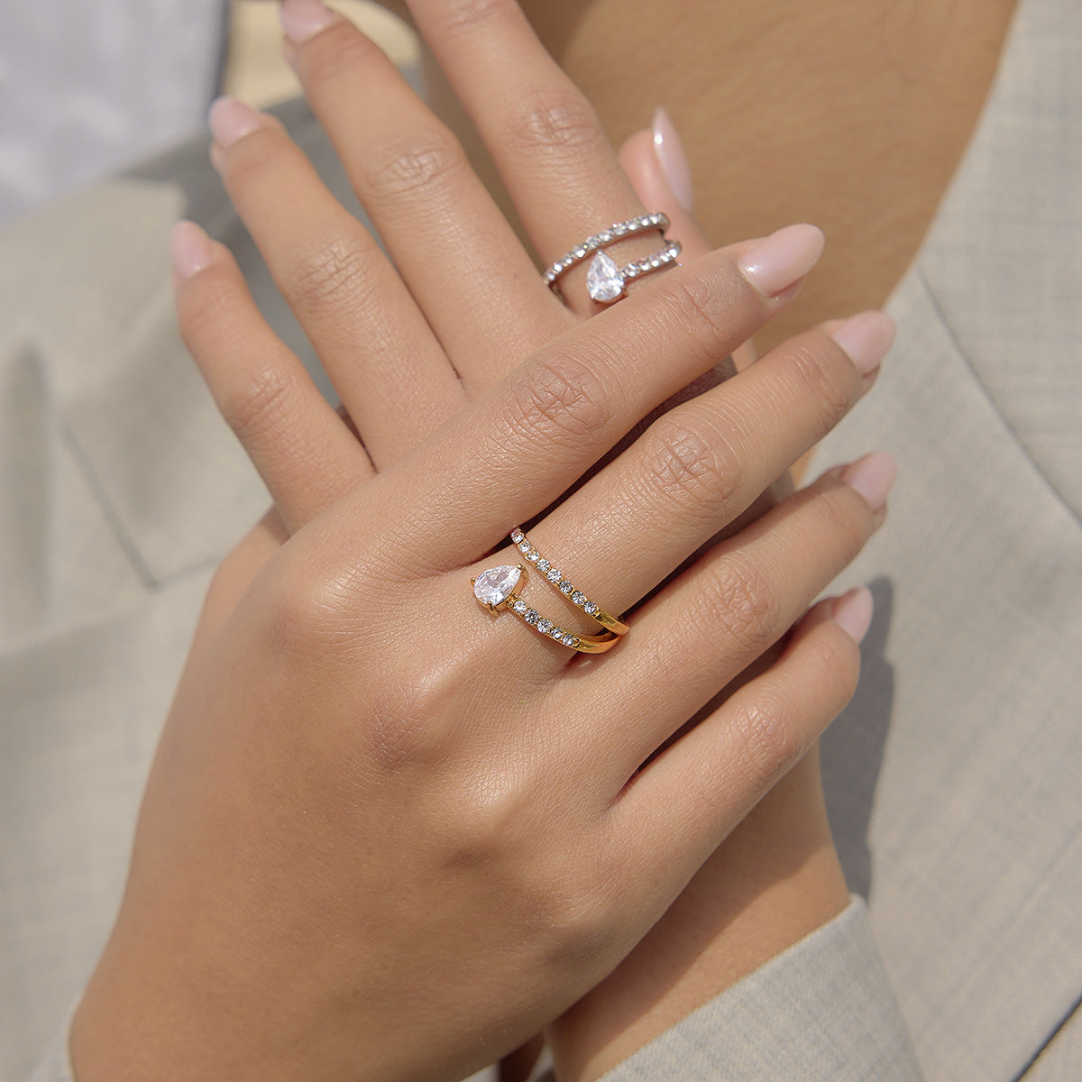 Stainless Steel Geometric Cubic Zirconia Open Ring
