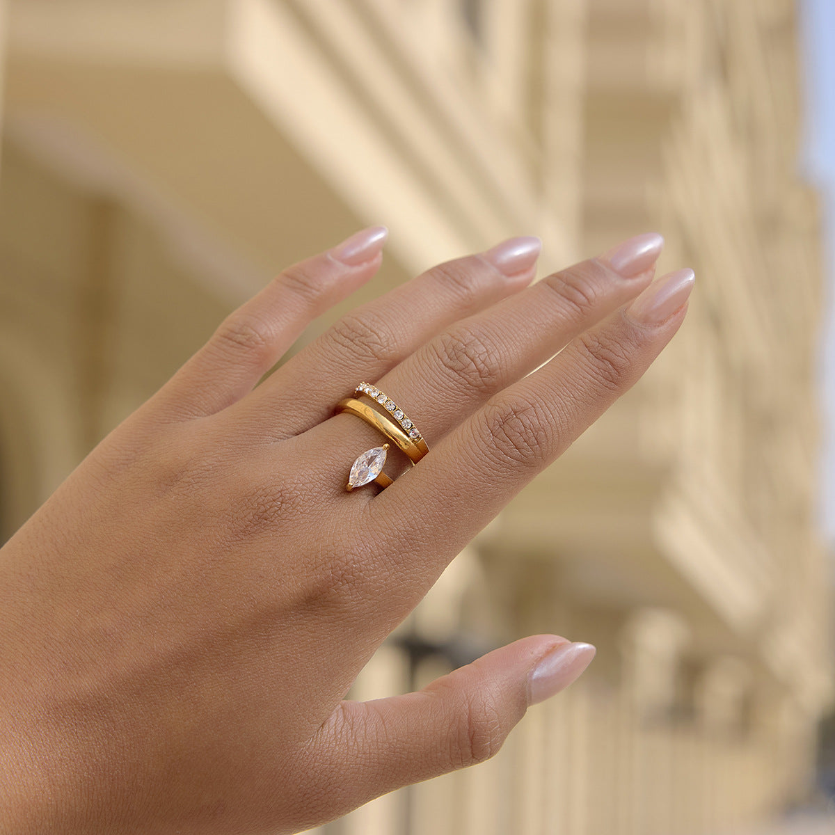 Stainless Steel Geometric Cubic Zirconia Open Ring