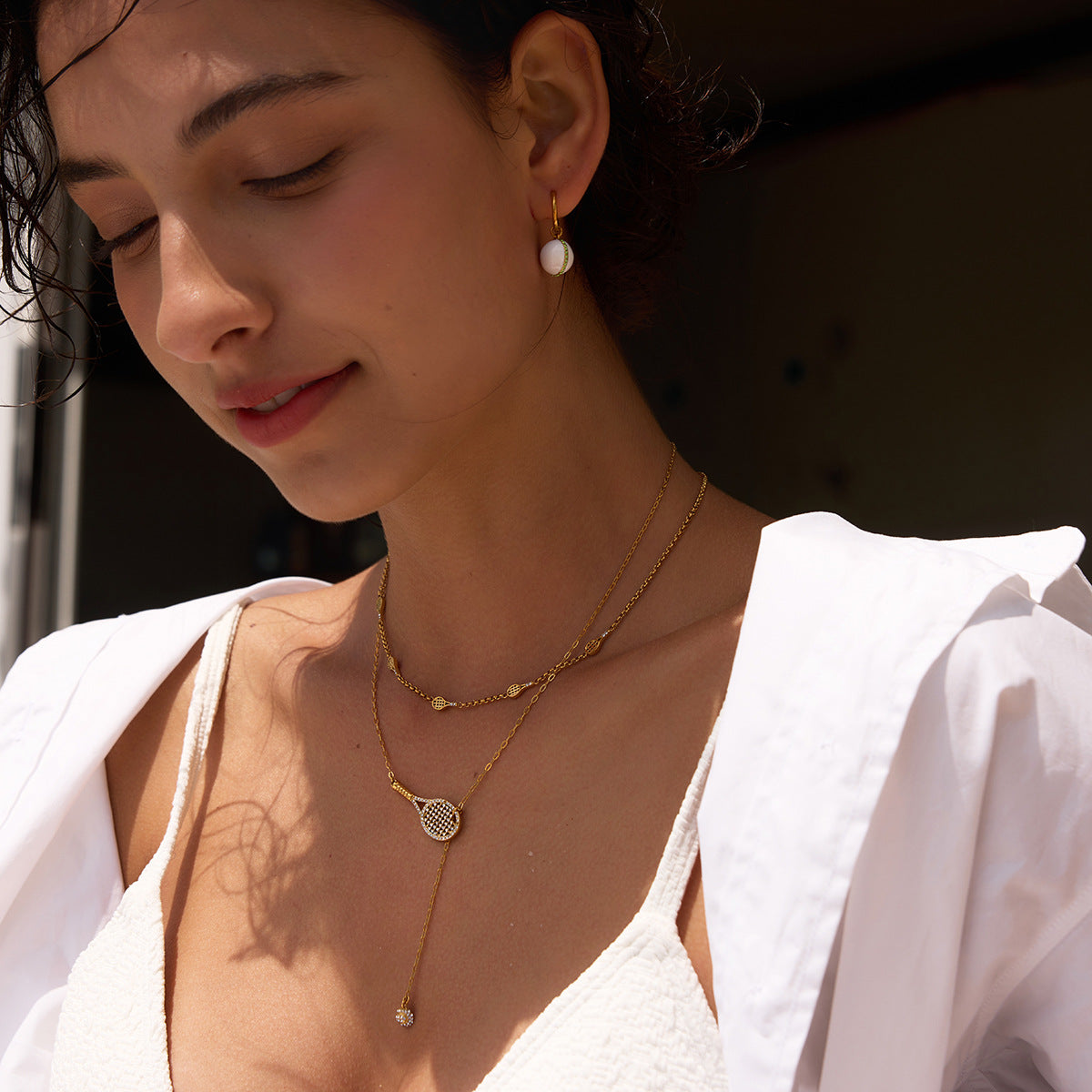 Stainless Steel White Enamel Tennis Ball Pendant Earrings