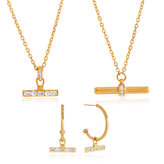 Stainless Steel Rhinestone T-bar Necklace Earrings Jewelry Set