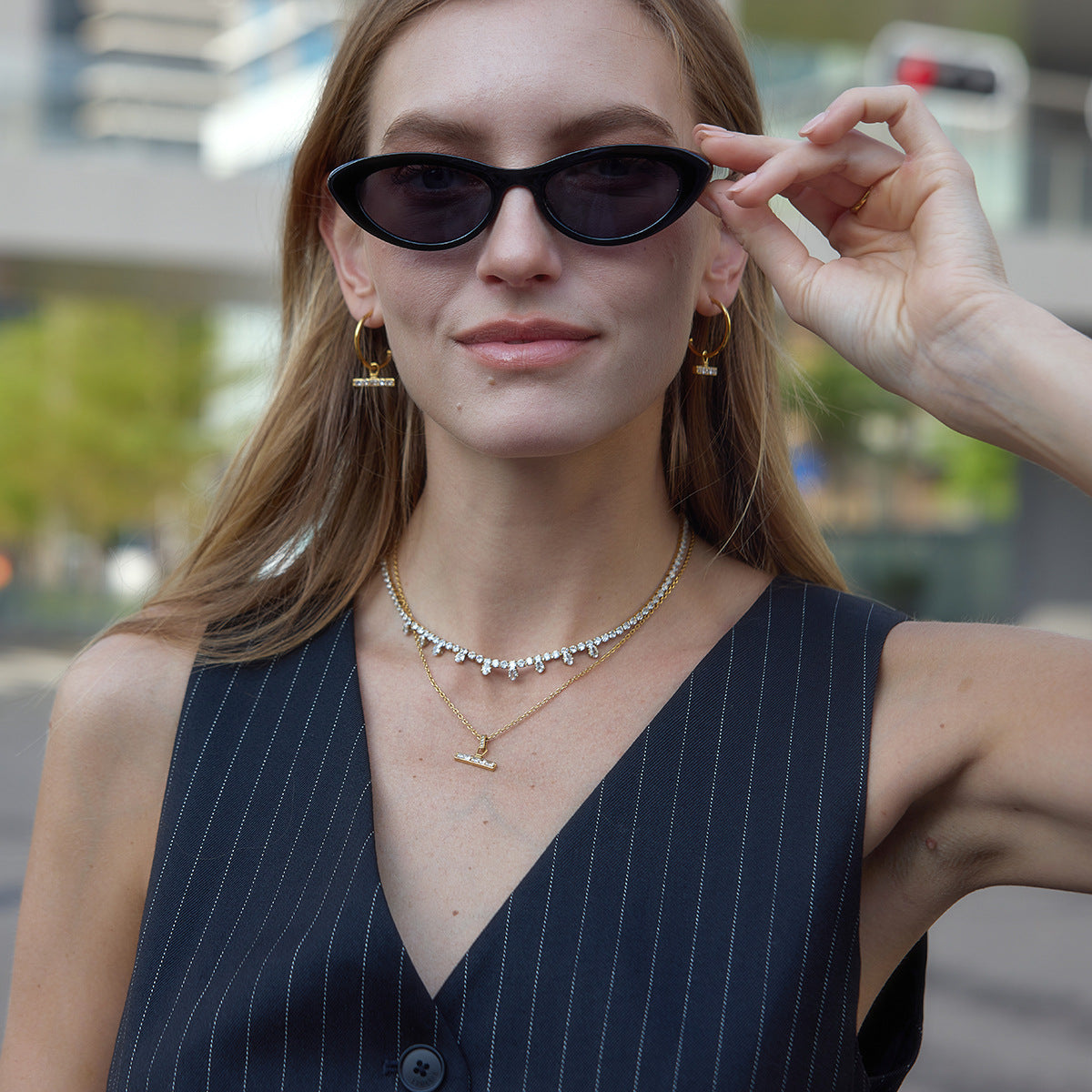 Stainless Steel Rhinestone T-bar Necklace Earrings Jewelry Set