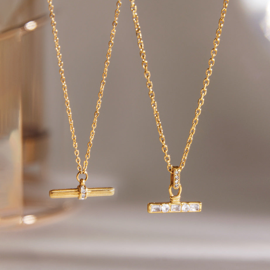 Stainless Steel Rhinestone T-bar Necklace Earrings Jewelry Set