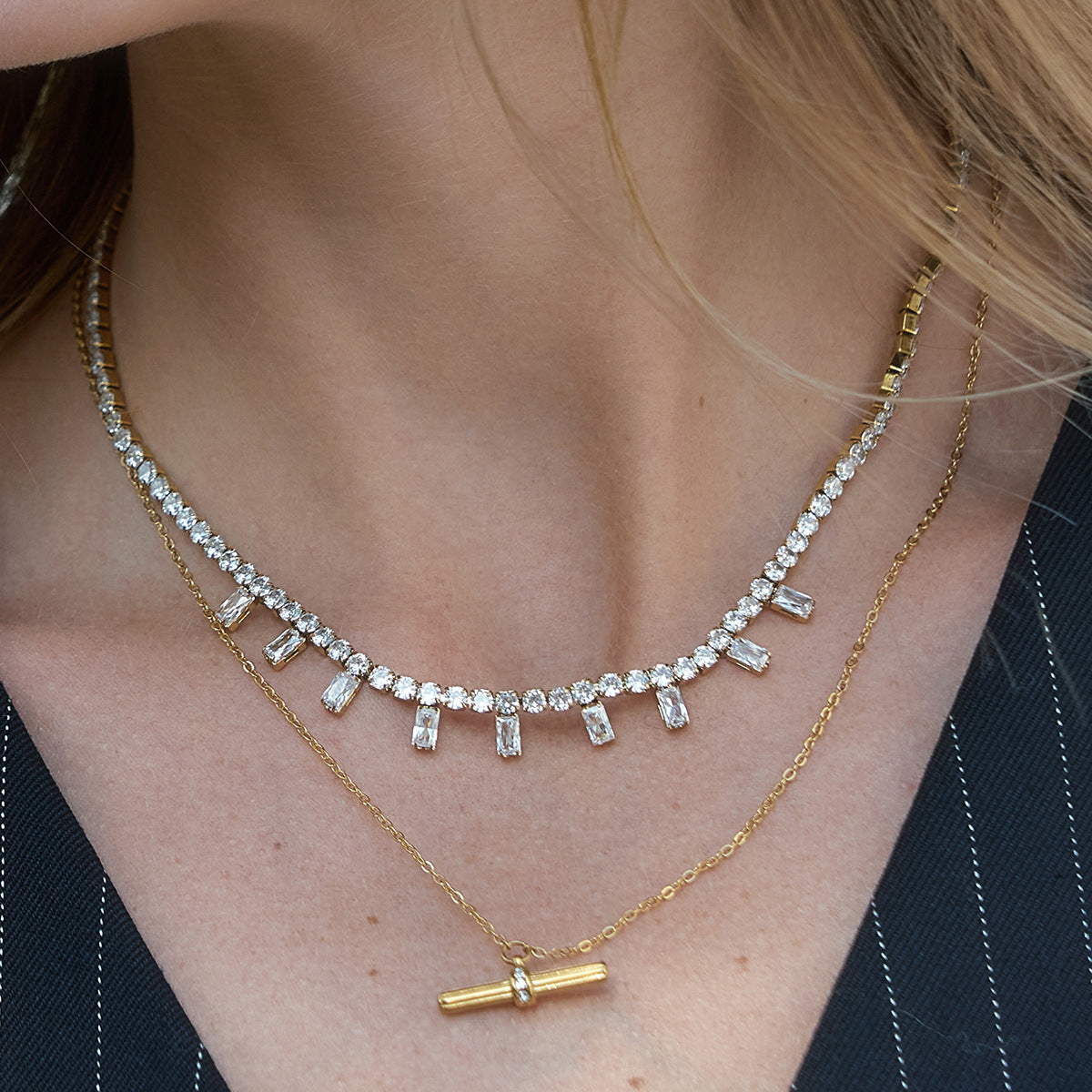 Stainless Steel Rhinestone T-bar Necklace Earrings Jewelry Set
