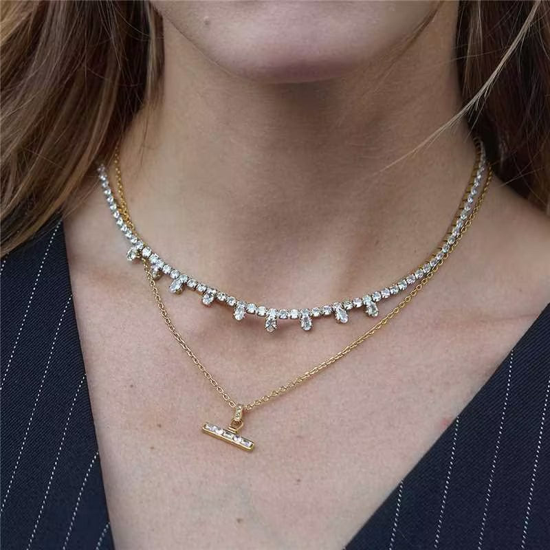 Stainless Steel Rhinestone T-bar Necklace Earrings Jewelry Set
