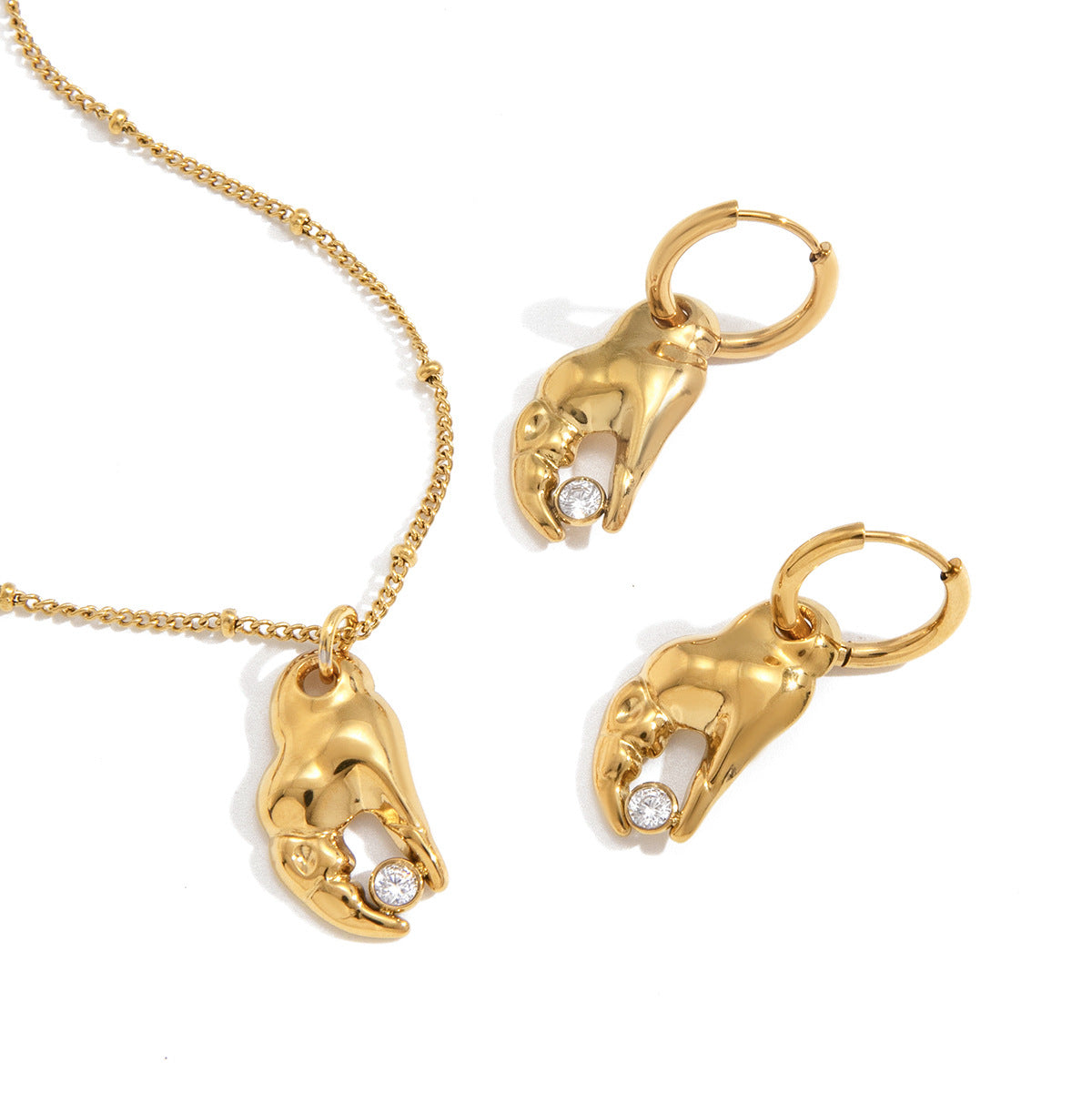 Stainless Steel White CZ Crab Claw Pendant Necklace Earrings Jewelry Set