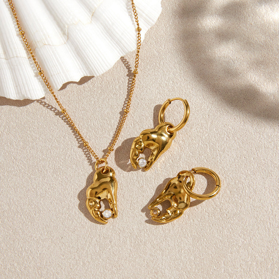 Stainless Steel White CZ Crab Claw Pendant Necklace Earrings Jewelry Set