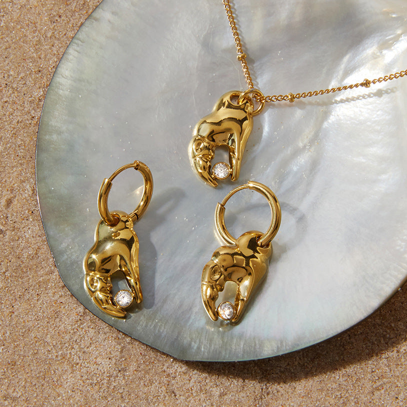 Stainless Steel White CZ Crab Claw Pendant Necklace Earrings Jewelry Set