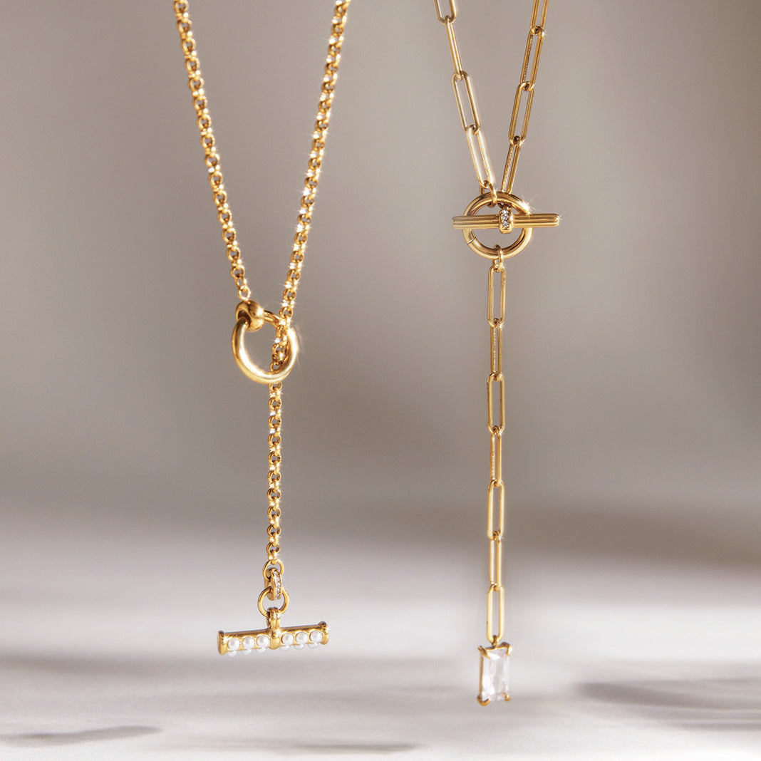 Stainless Steel Acrylic Pearl T-bar Cable Chain OT Clasp Necklace