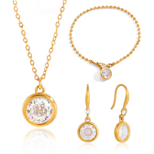Stainless Steel Round CZ Pendant Necklace Bracelet Earrings Jewelry Set