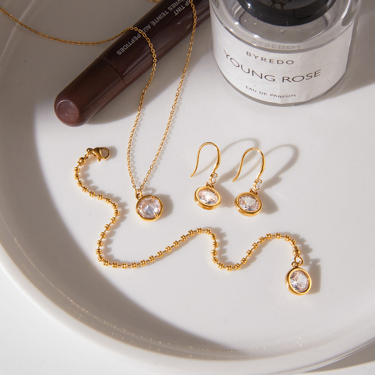 Stainless Steel Round CZ Pendant Necklace Bracelet Earrings Jewelry Set