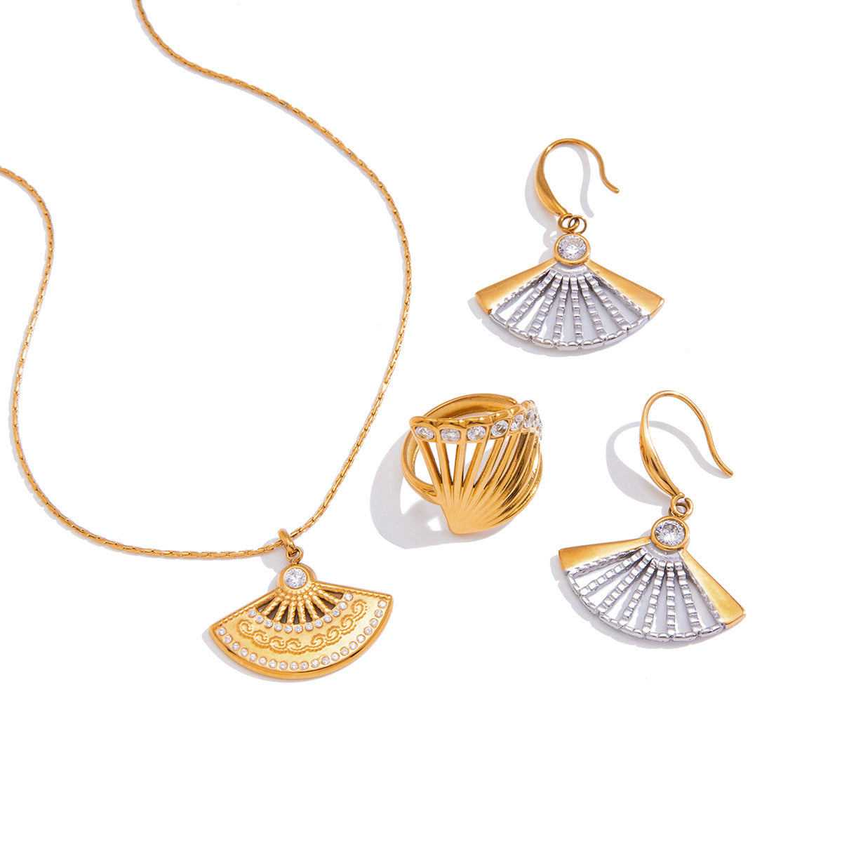 Stainless Steel Fan-shaped CZ Ring Earrings Necklace Jewelry Set