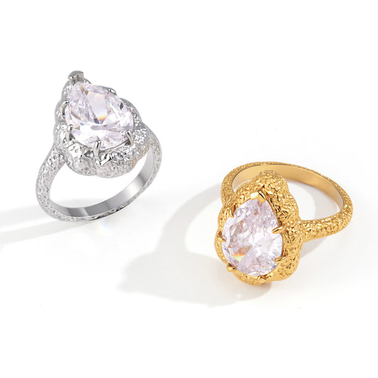 Stainless Steel Water Drop CZ Hammered Texture Ring