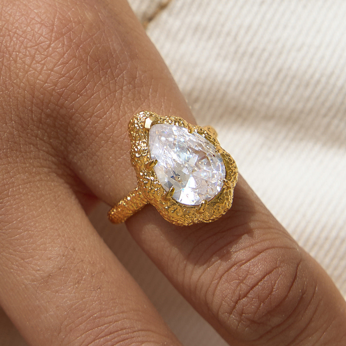 Stainless Steel Water Drop CZ Hammered Texture Ring