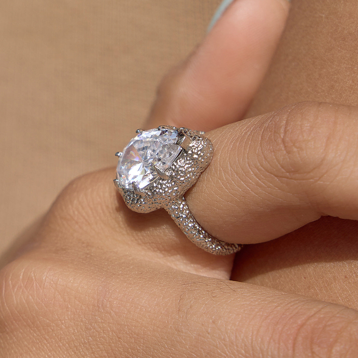 Stainless Steel Water Drop CZ Hammered Texture Ring