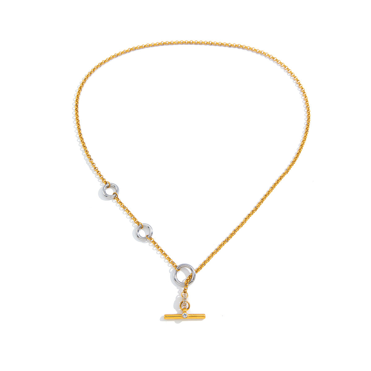 Stainless Steel White Rhinestone T-bar OT Clasp Cable Chain Necklace