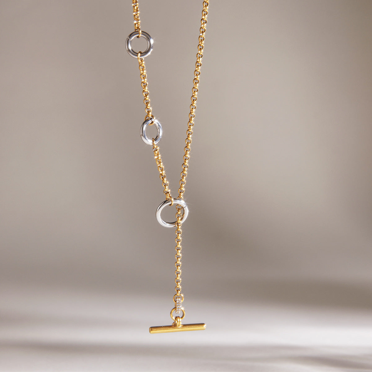 Stainless Steel White Rhinestone T-bar OT Clasp Cable Chain Necklace