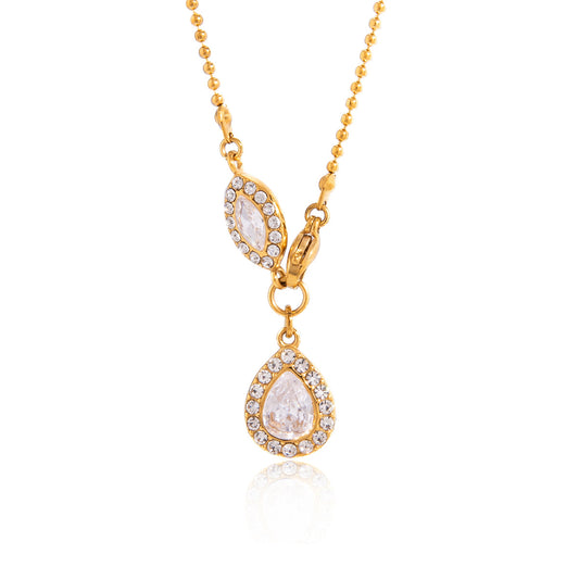 Stainless Steel Water Drop Cubic Zirconia Pendant Bead Chain Necklace
