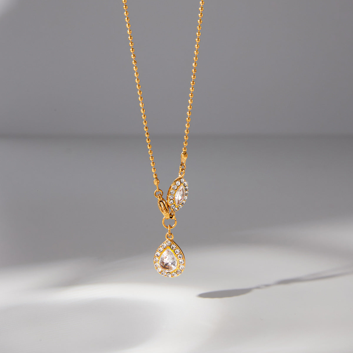 Stainless Steel Water Drop Cubic Zirconia Pendant Bead Chain Necklace