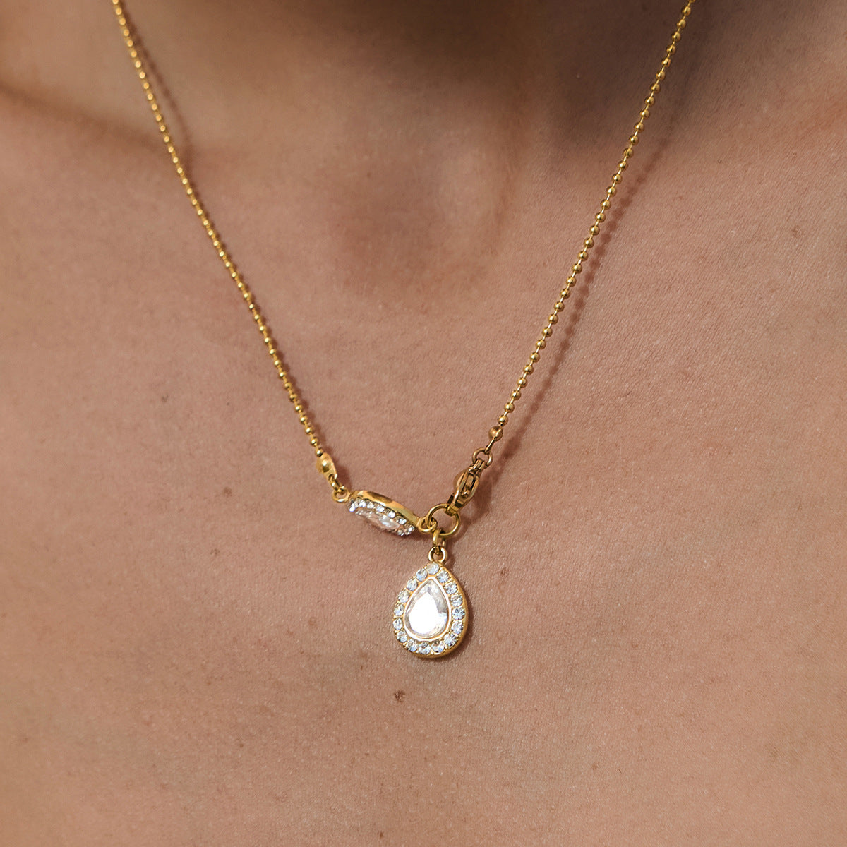Stainless Steel Water Drop Cubic Zirconia Pendant Bead Chain Necklace