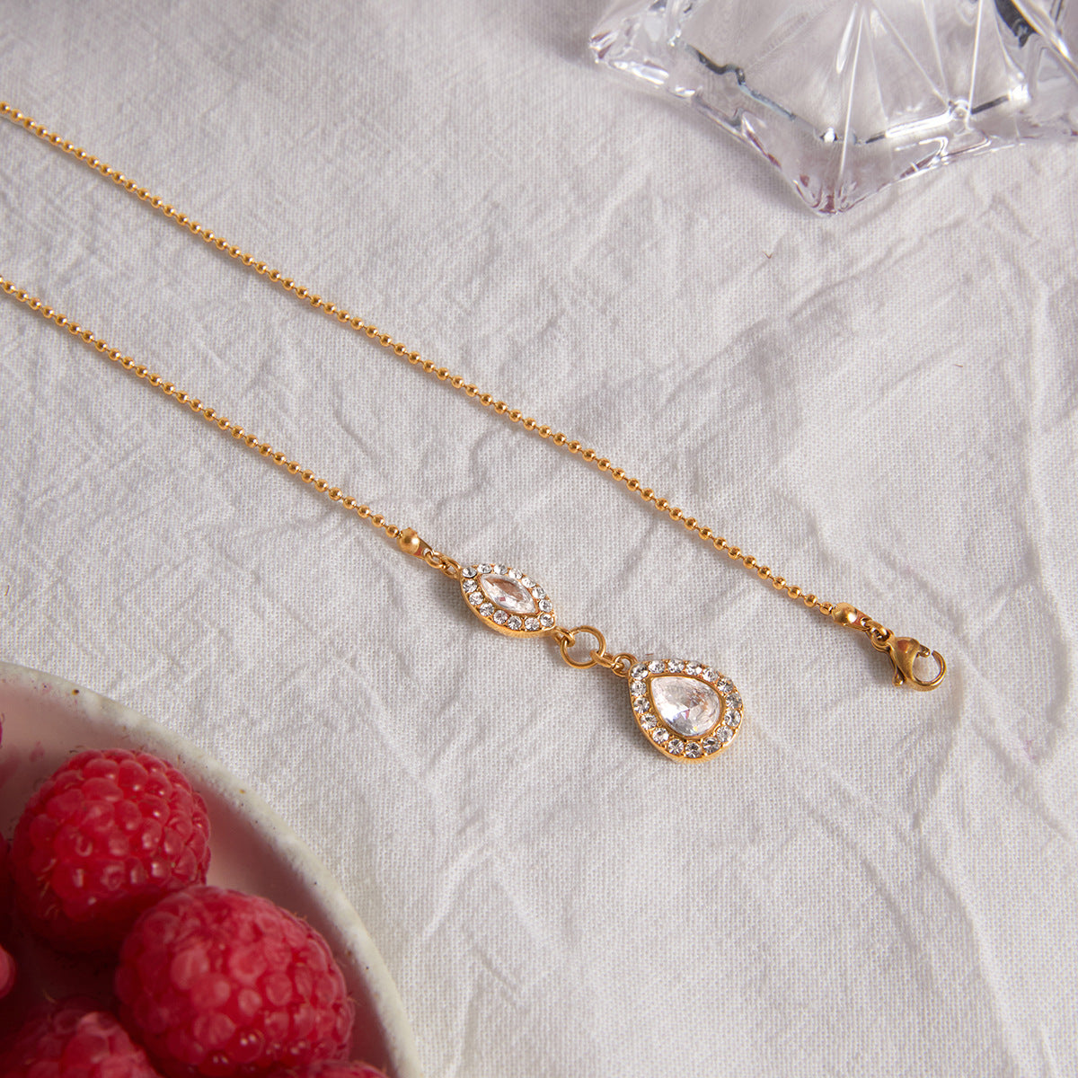 Stainless Steel Water Drop Cubic Zirconia Pendant Bead Chain Necklace