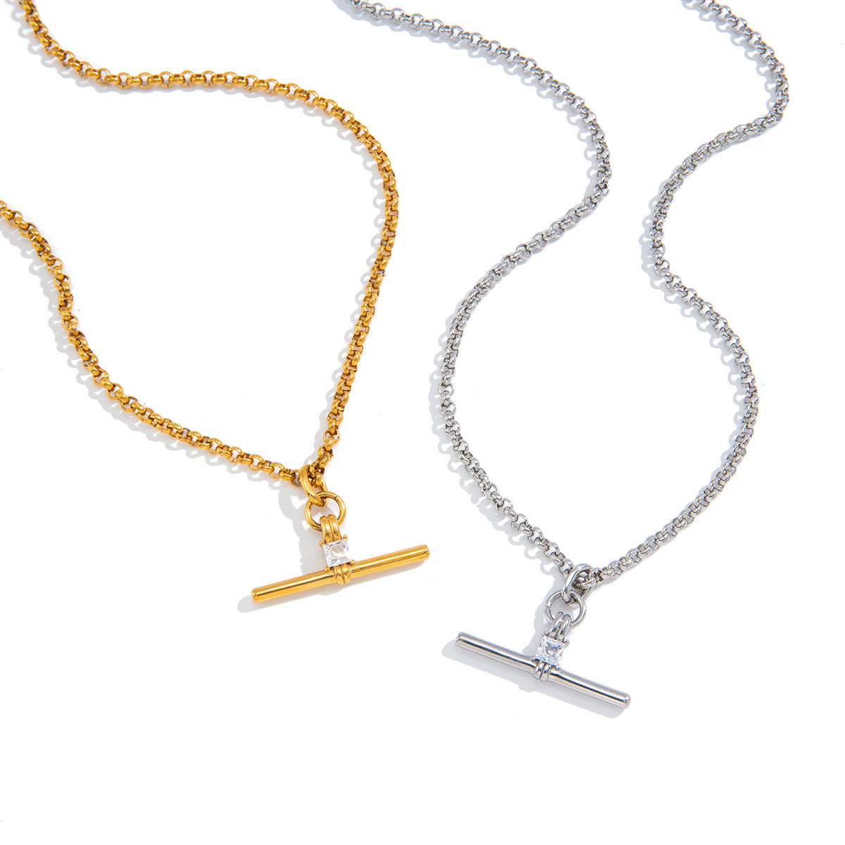 Stainless Steel T-bar Cubic Zirconia Pendant Necklace