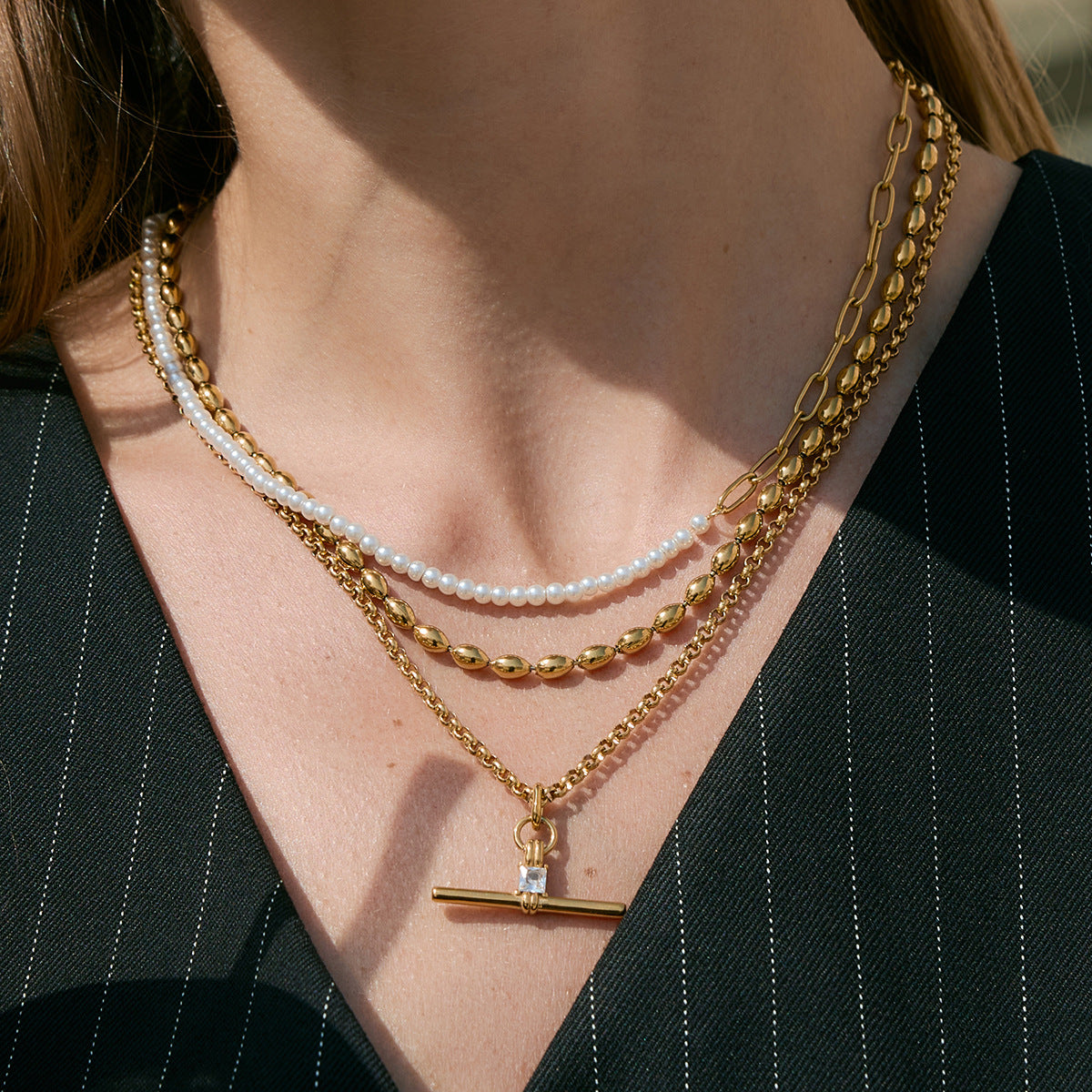 Stainless Steel T-bar Cubic Zirconia Pendant Necklace