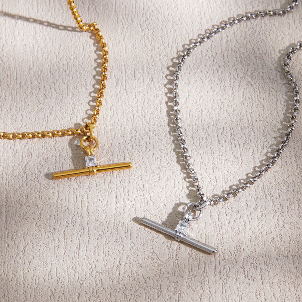 Stainless Steel T-bar Cubic Zirconia Pendant Necklace