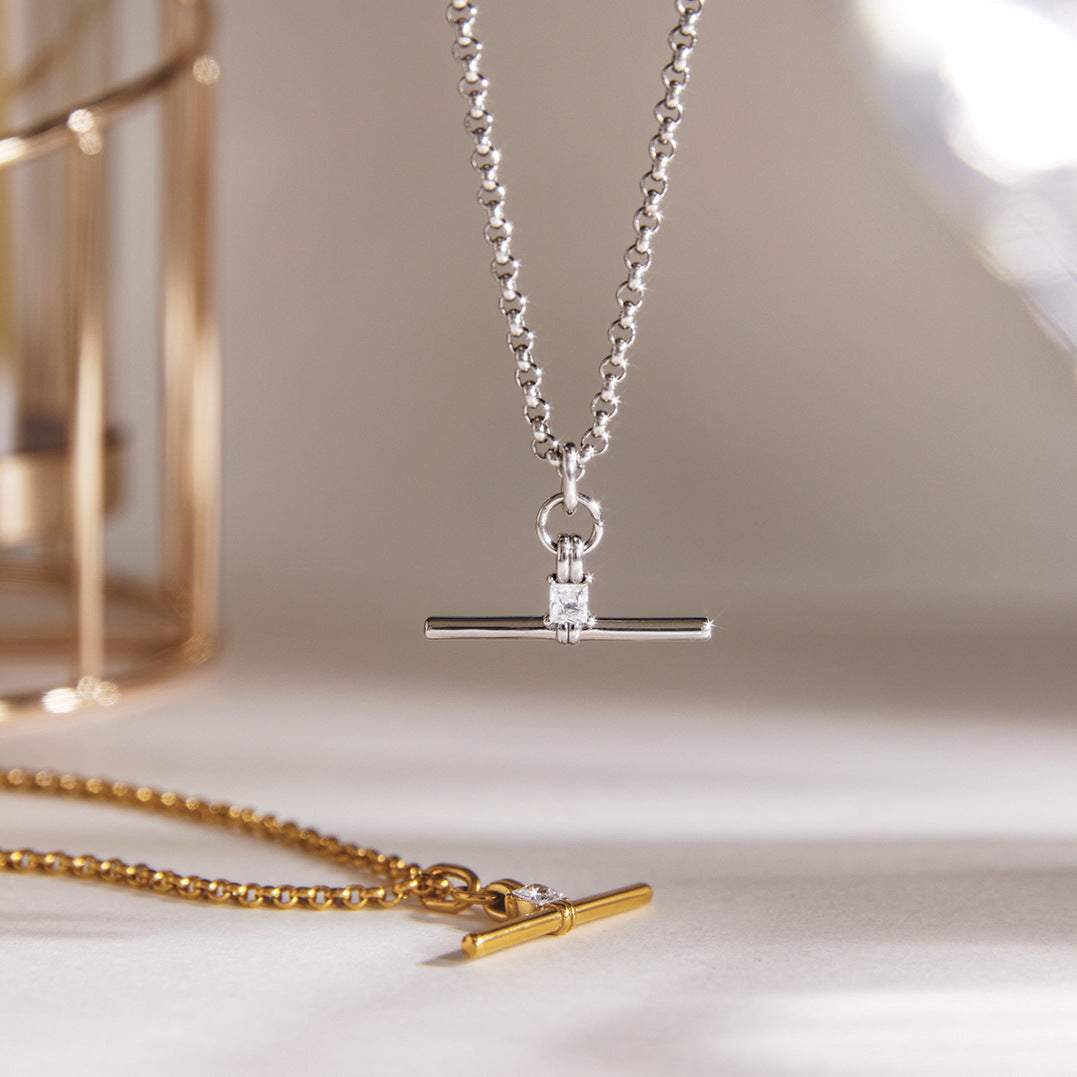 Stainless Steel T-bar Cubic Zirconia Pendant Necklace