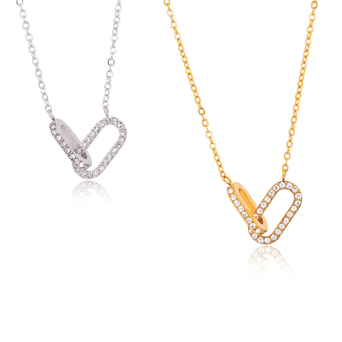 Stainless Steel Paperclip Interlocking CZ Pendant Necklace