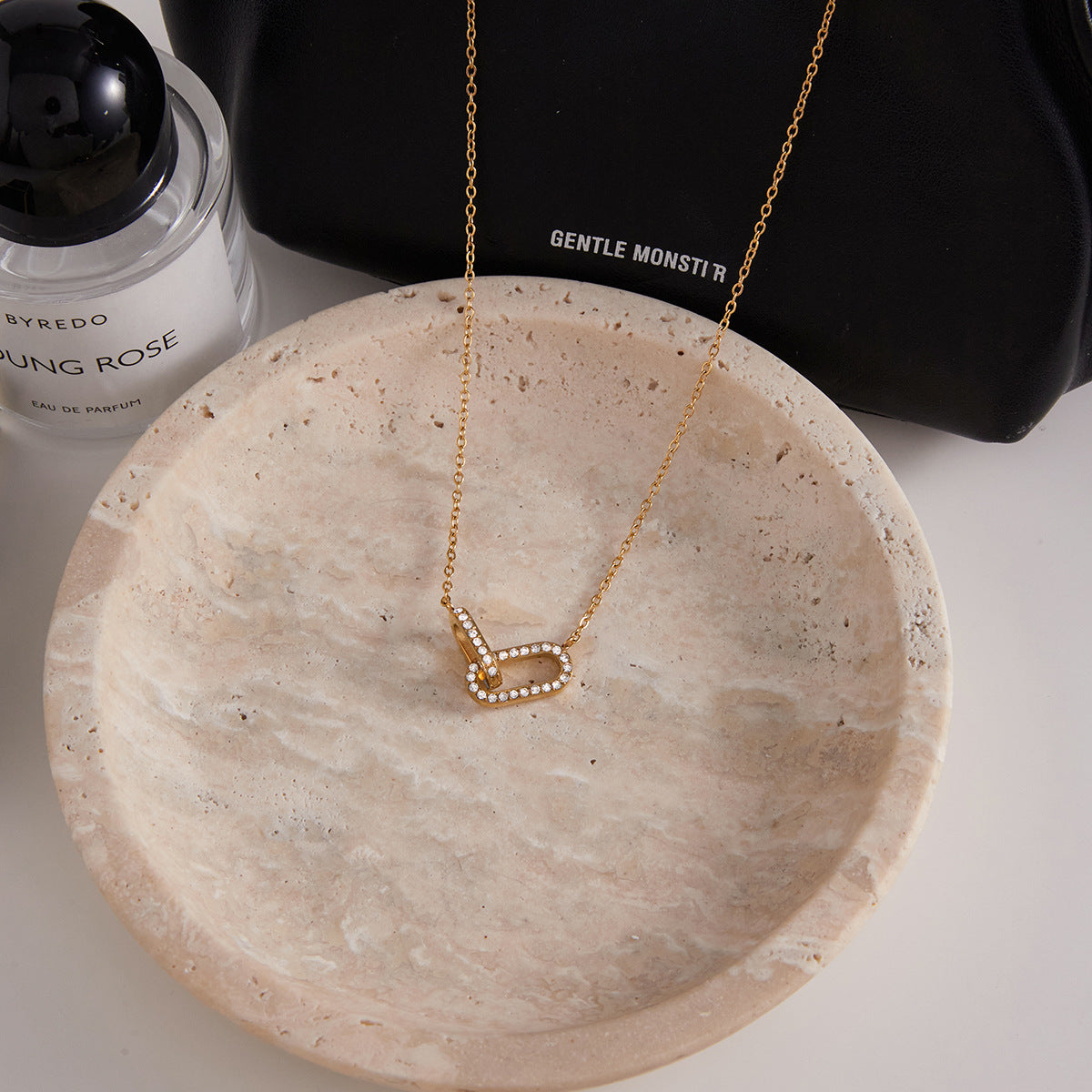 Stainless Steel Paperclip Interlocking CZ Pendant Necklace