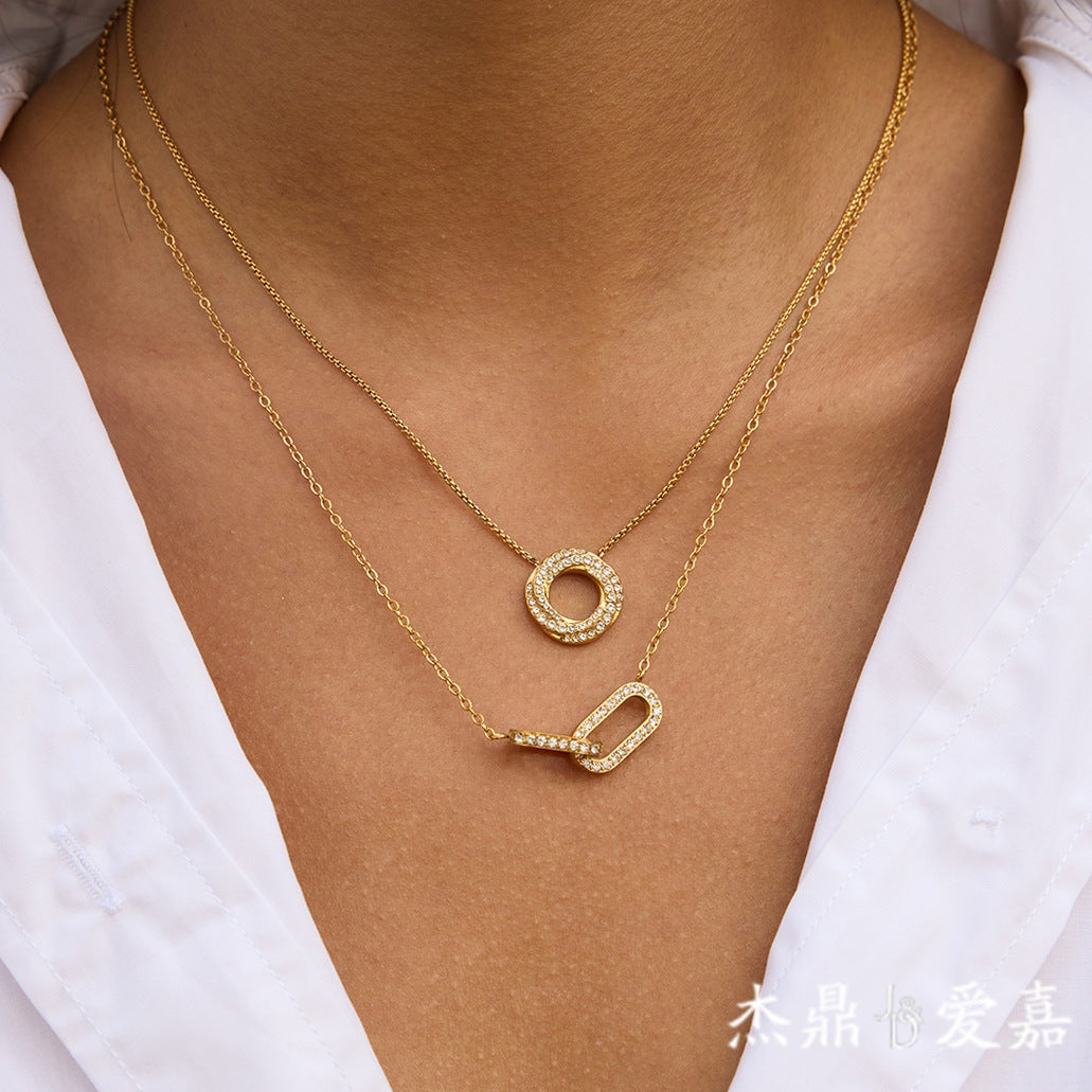 Stainless Steel Paperclip Interlocking CZ Pendant Necklace