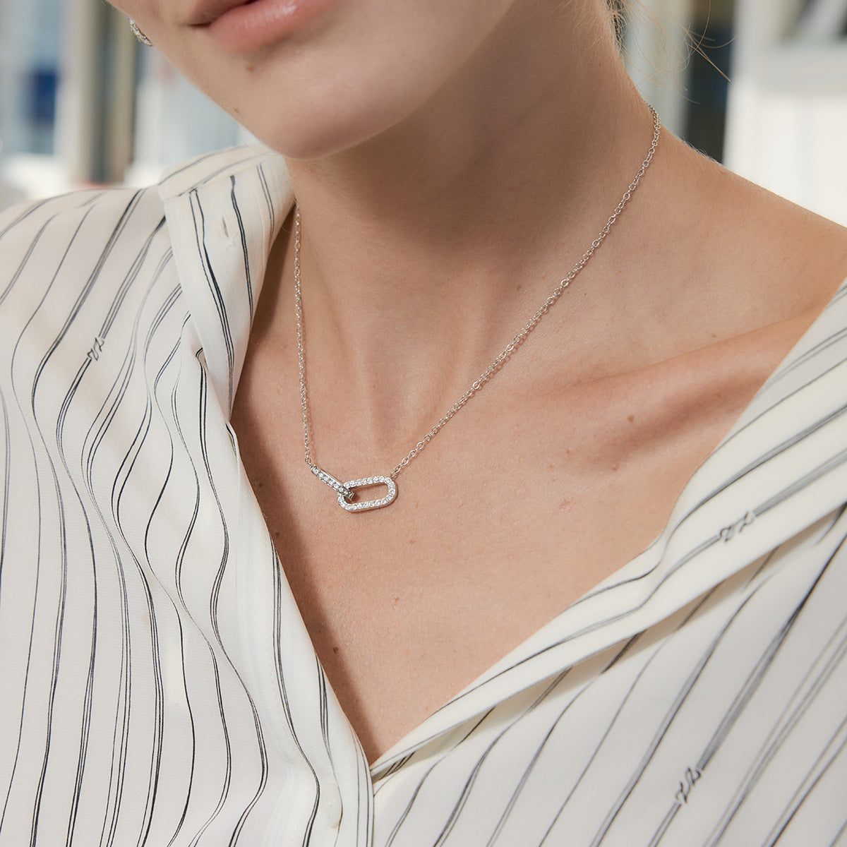 Stainless Steel Paperclip Interlocking CZ Pendant Necklace
