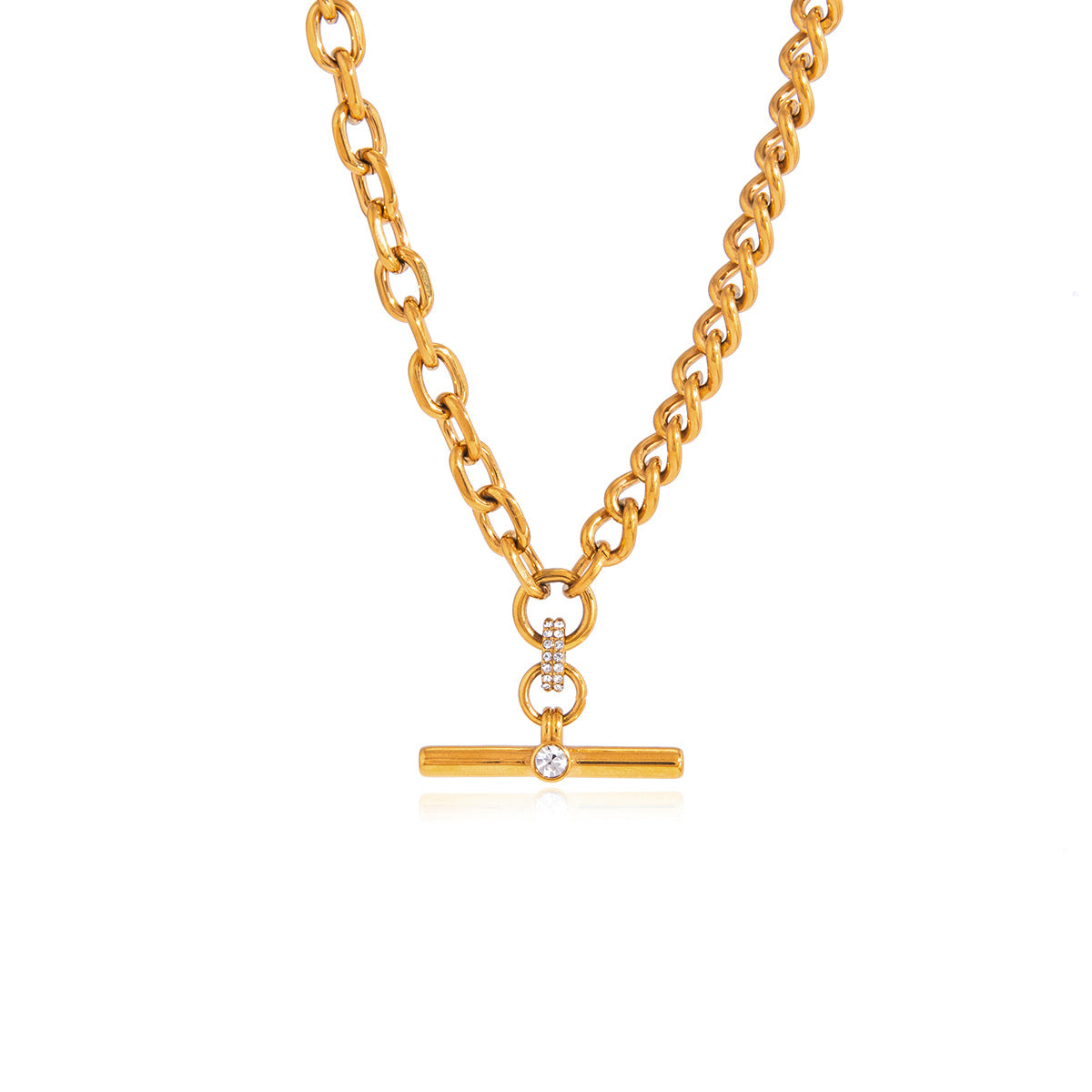 Stainless Steel Rhinestone T-bar Pendant Cuban Chain Necklace