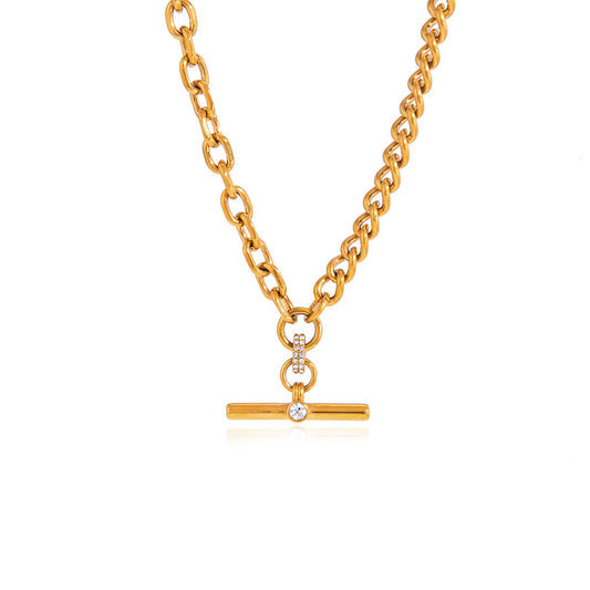 Stainless Steel Rhinestone T-bar Pendant Cuban Chain Necklace