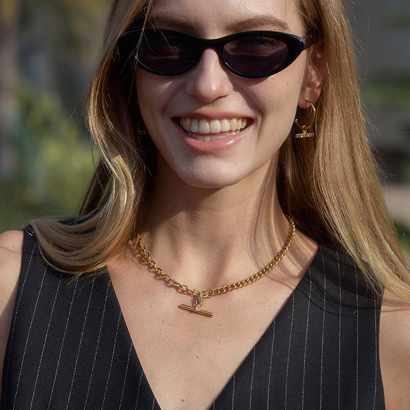Stainless Steel Rhinestone T-bar Pendant Cuban Chain Necklace