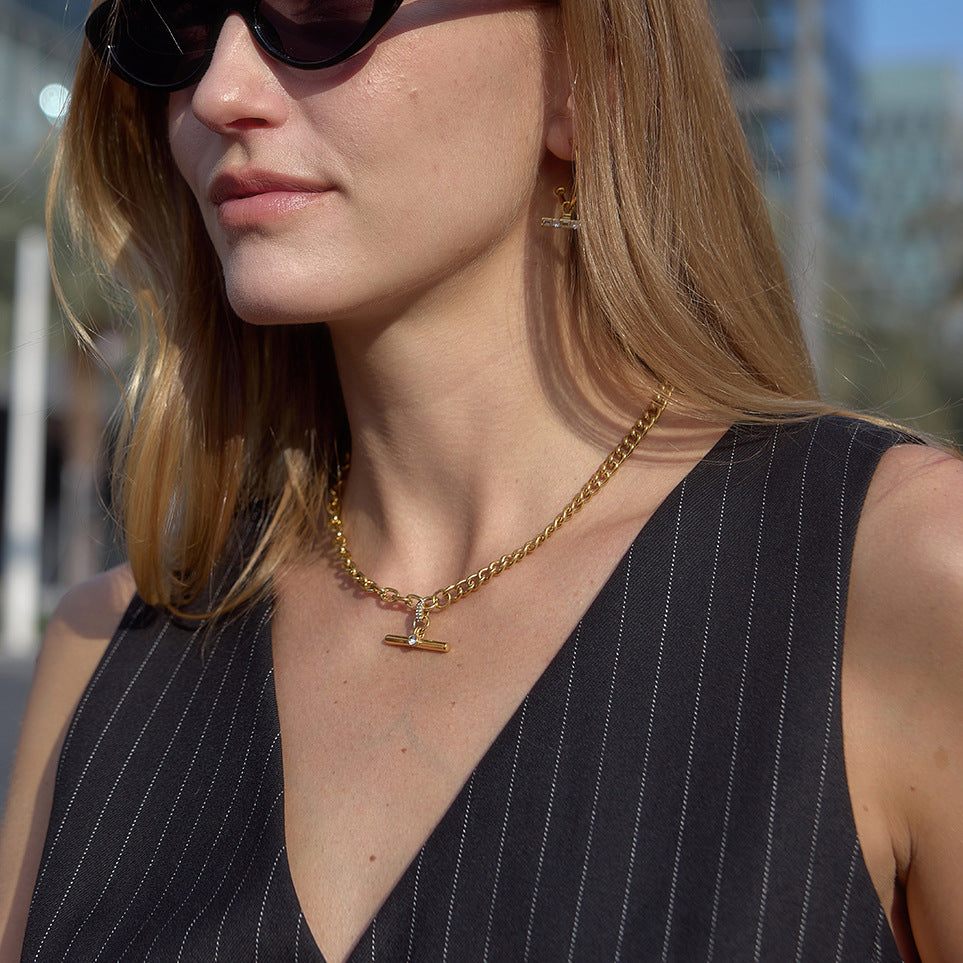 Stainless Steel Rhinestone T-bar Pendant Cuban Chain Necklace