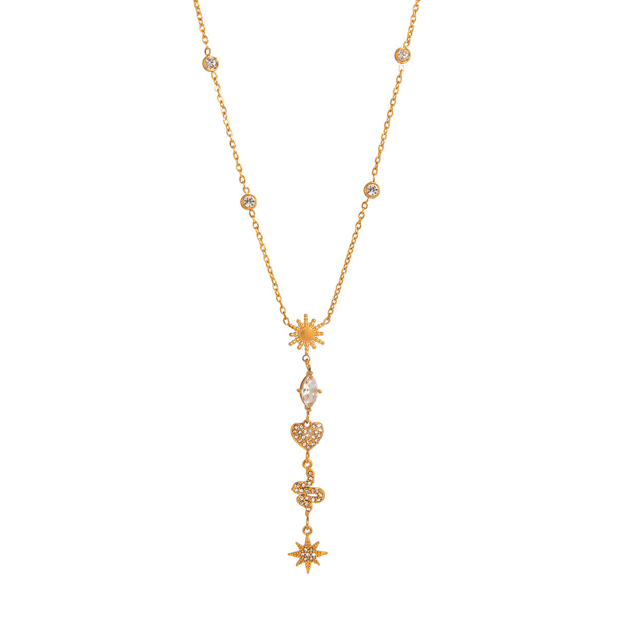 Stainless Steel Heart Cubic Zirconia Lariat Necklace