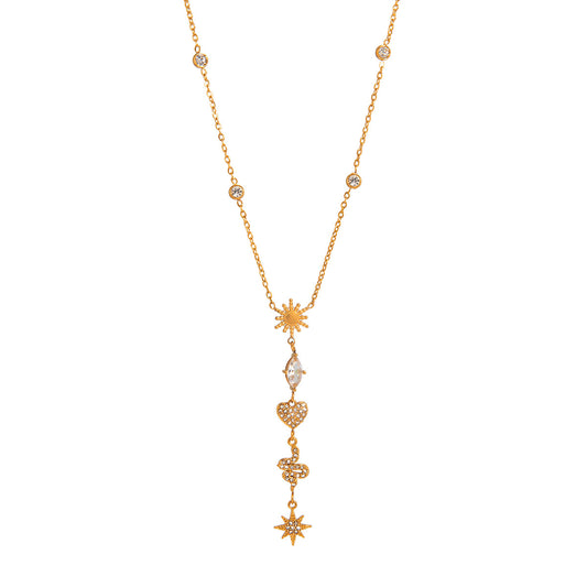 Stainless Steel Heart Cubic Zirconia Lariat Necklace