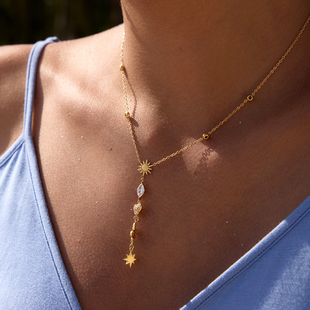 Stainless Steel Heart Cubic Zirconia Lariat Necklace