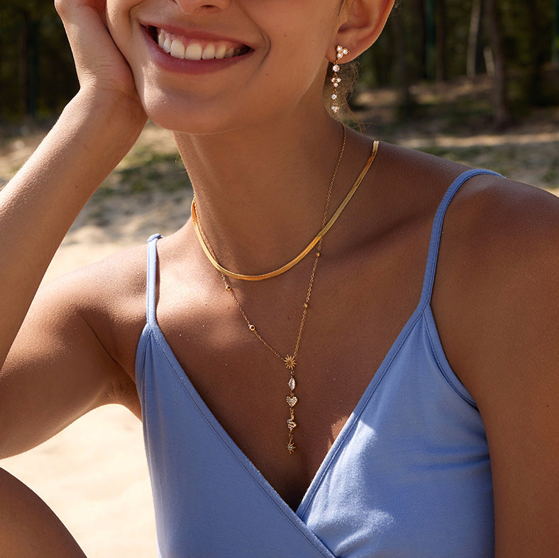 Stainless Steel Heart Cubic Zirconia Lariat Necklace
