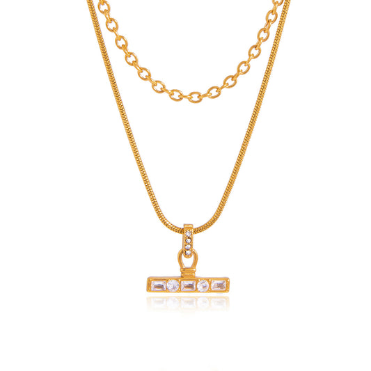 Stainless Steel Double-layer T-bar Pendant Necklace
