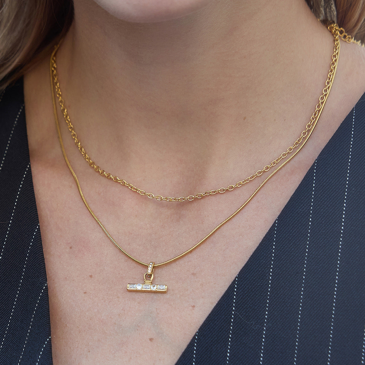 Stainless Steel Double-layer T-bar Pendant Necklace